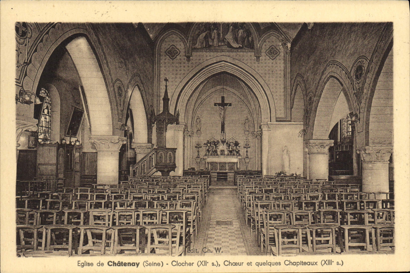 CPA Eglise de Chatenay (Seine) Clocher (XII s) Choeur et quelques Chapiteaux (XIII s)