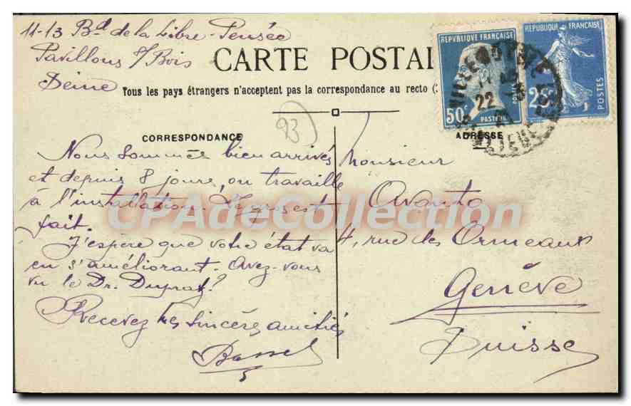 CPA Le Raincy L'Hotel de Ville — Rückseite