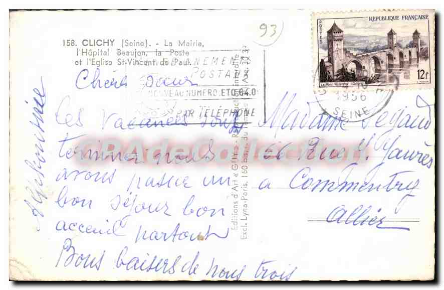 CPA Clichy (Seine) La Mairie L'Hopital Beaujon la Poste et l'Eglise St Vincent de Paul — Rückseite