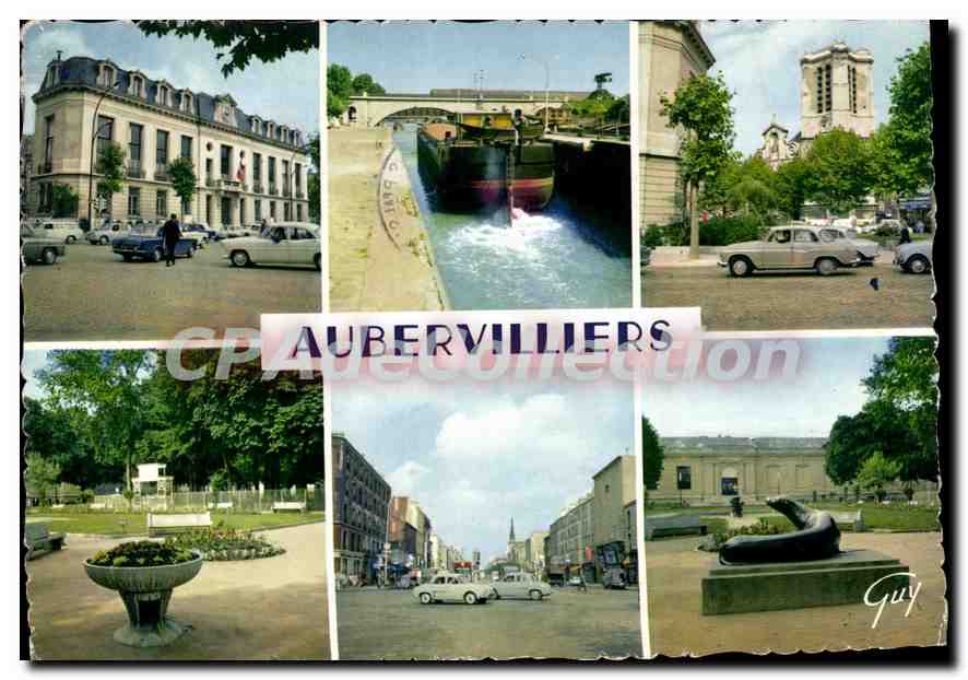 CPSM Aubervilliers La mairie le port le canal St Denis l'eglise N. D. des Vertus le parc municipal c