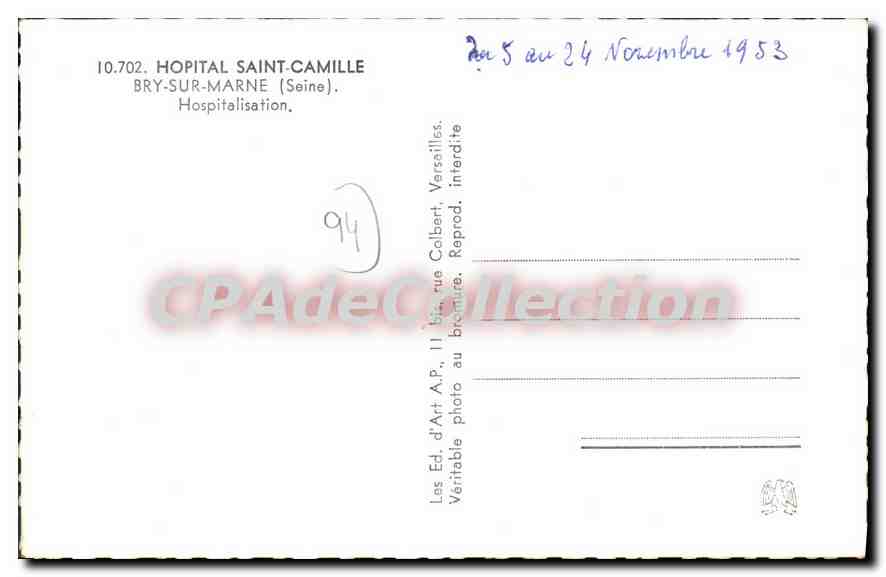 CPA Hopital Saint Camille Bry sur Marne Hospitalisation — Back