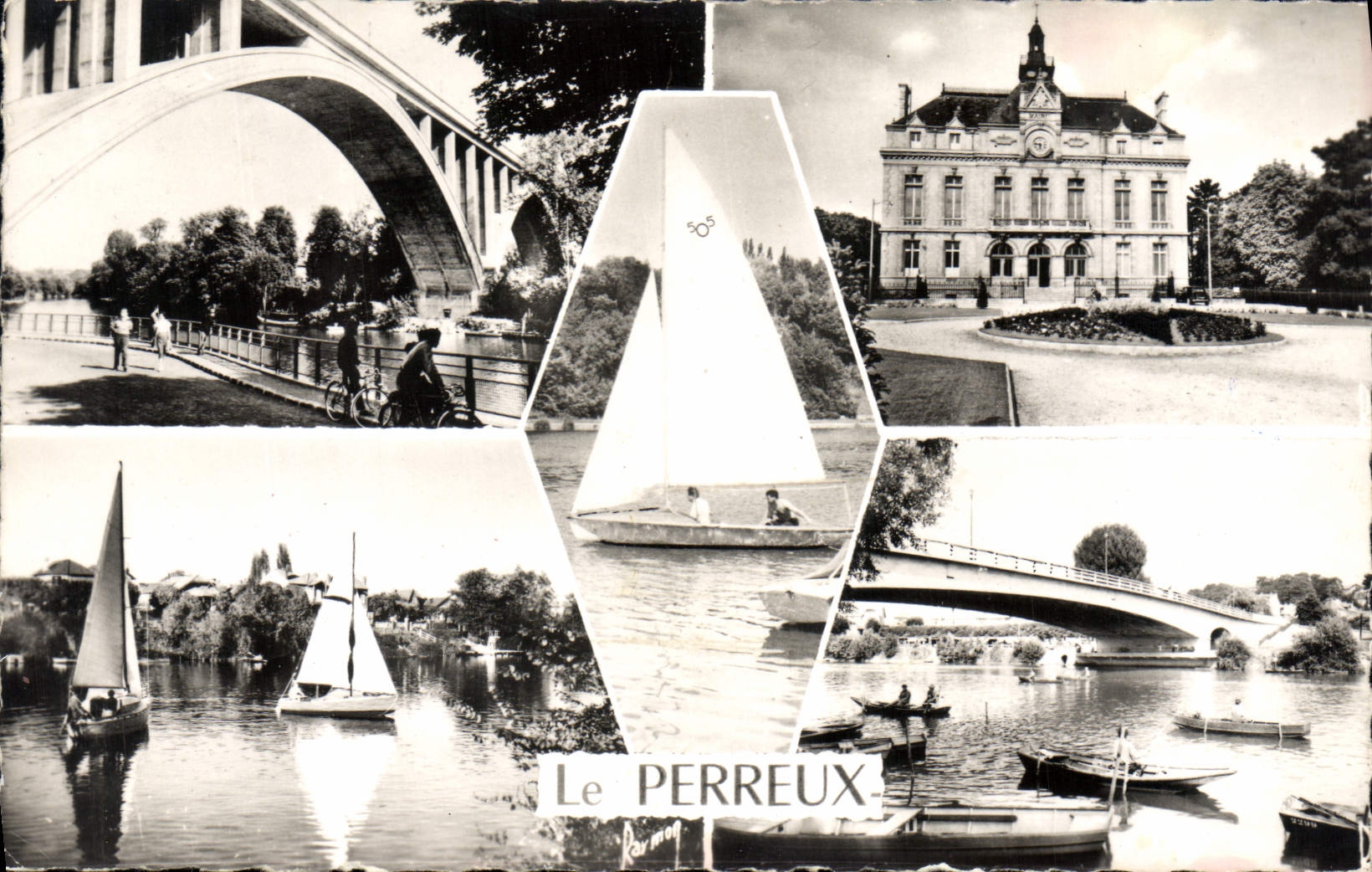 Le Perreux — Panoramablick mit Brücke, Rathaus und Segelbooten — Éditions d'Art Raymon, Nr. 286