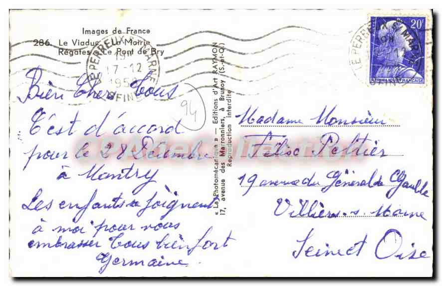 Le Perreux — Panoramablick mit Brücke, Rathaus und Segelbooten — Éditions d'Art Raymon, Nr. 286 — Rückseite