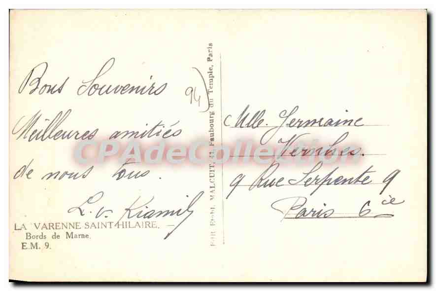 Banks of the Marne — La Varenne-Saint-Hilaire — publisher E.M. 9 — Back
