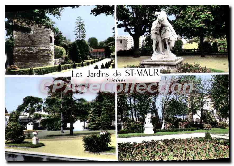 Die Gärten von ST-MAUR (Seine) — Panoramablick mit Turm, Statue und Bassin — unbekannter Verleger, Seriennummer nicht sichtbar