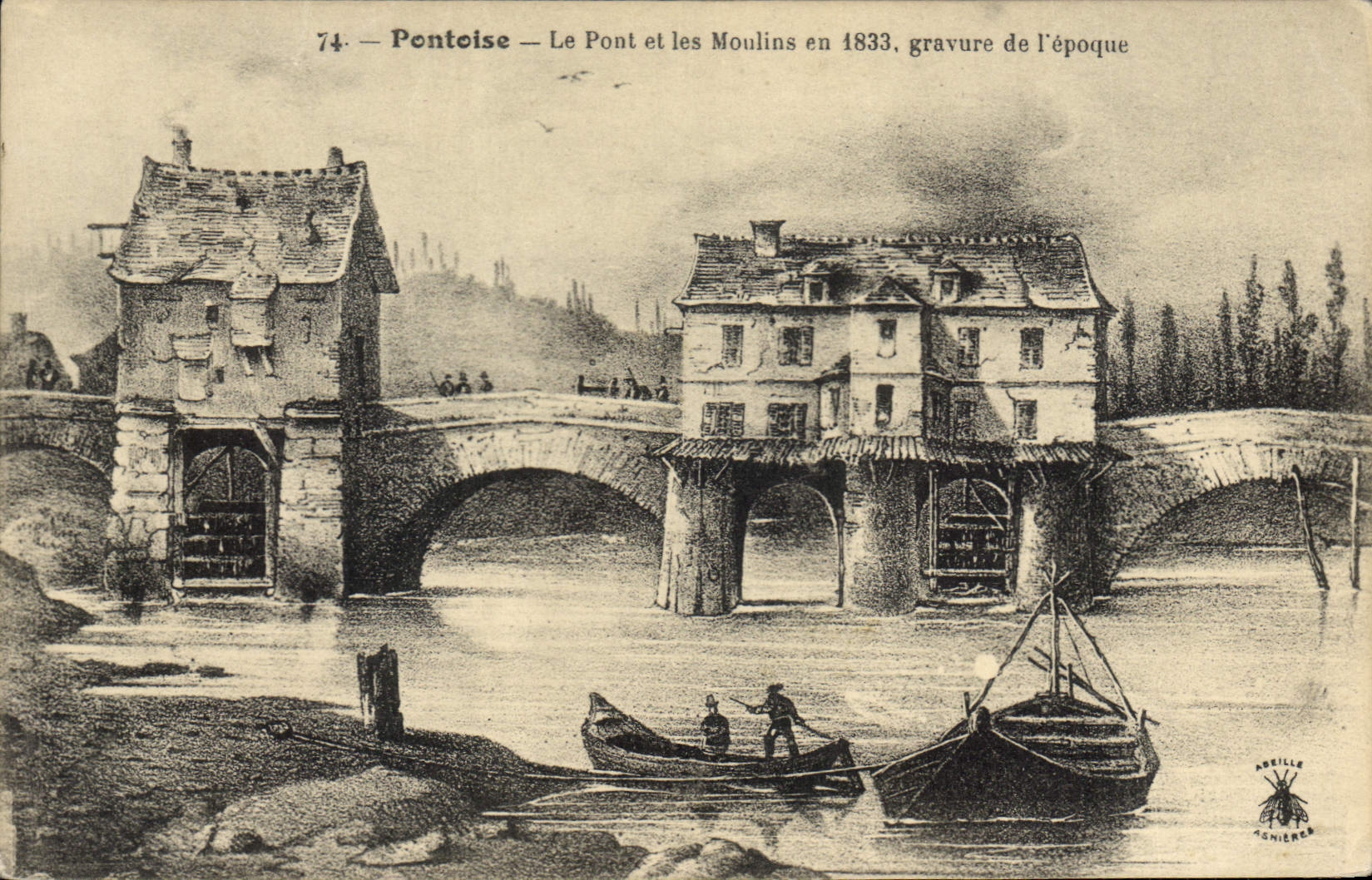 Pontoise — Le Pont et les Moulin en 1833, gravure de l'époque — Abeille Canièr