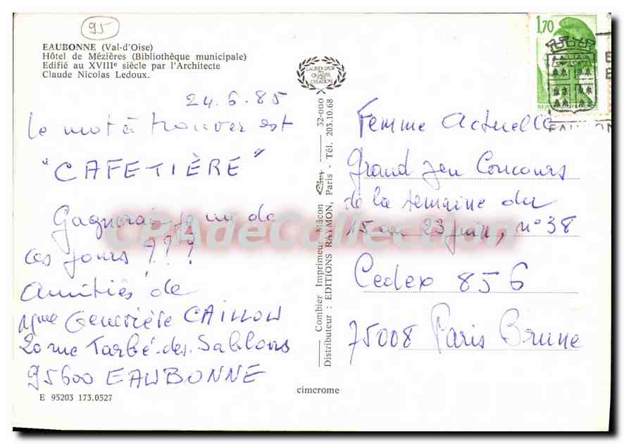 CPSM Eaubonne Hotel de Mezieres — Back