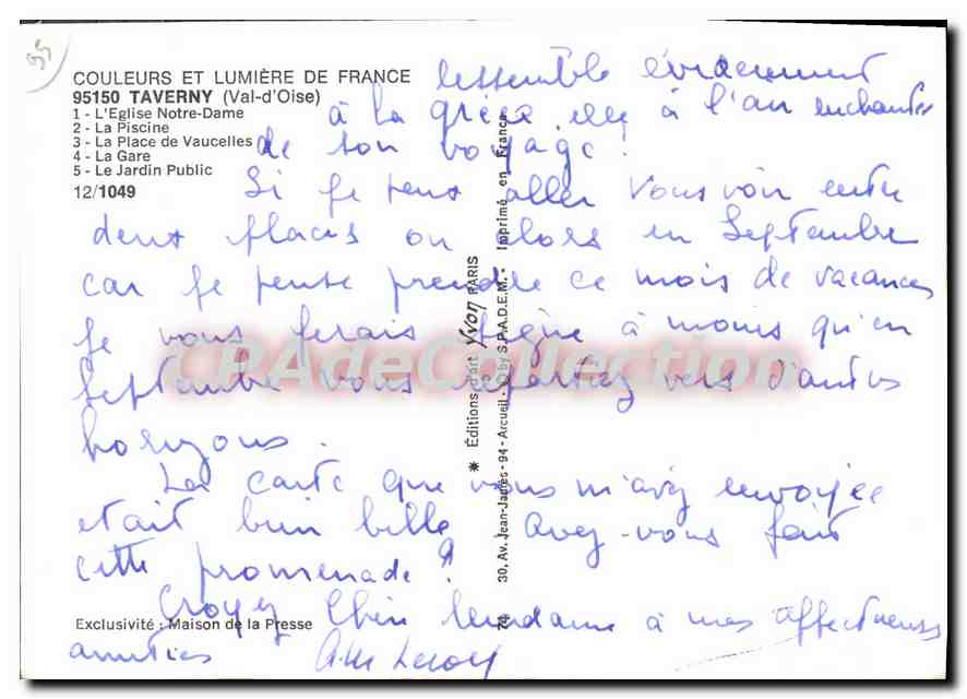 CPSM Taverny L'Eglise Notre Dame La Piscine La place de Vaucelles La Gare Le Jardin Public — Back