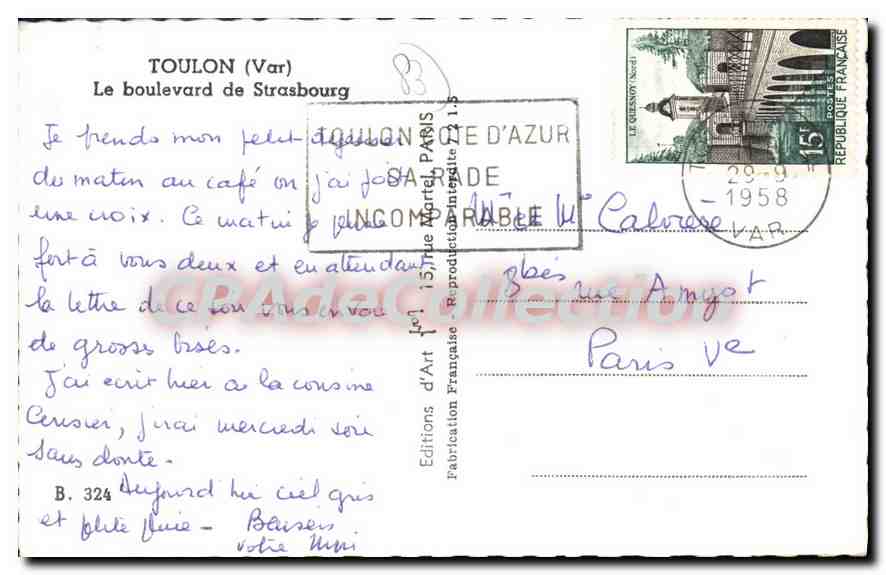 Boulevard de Strasbourg — Toulon — Éditions d'Art Marlet, n° B. 324 — Achterkant