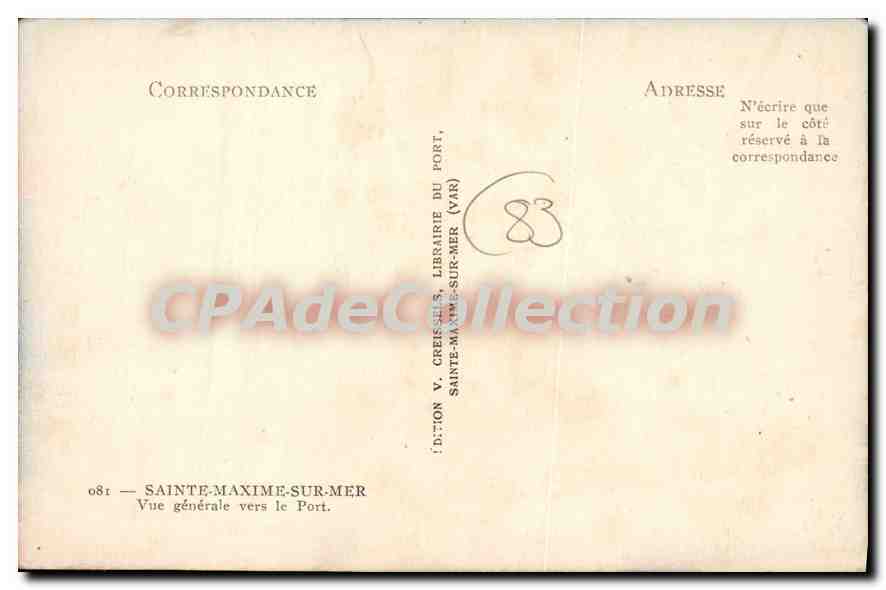 Vue générale vers le Port — Sainte-Maxime-sur-Mer — Édition V. Créisset, Librairie — Verso
