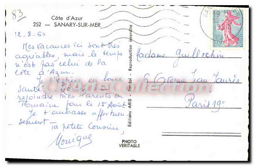 CPA Cote d'Azur Sanary sur Mer  — Verso