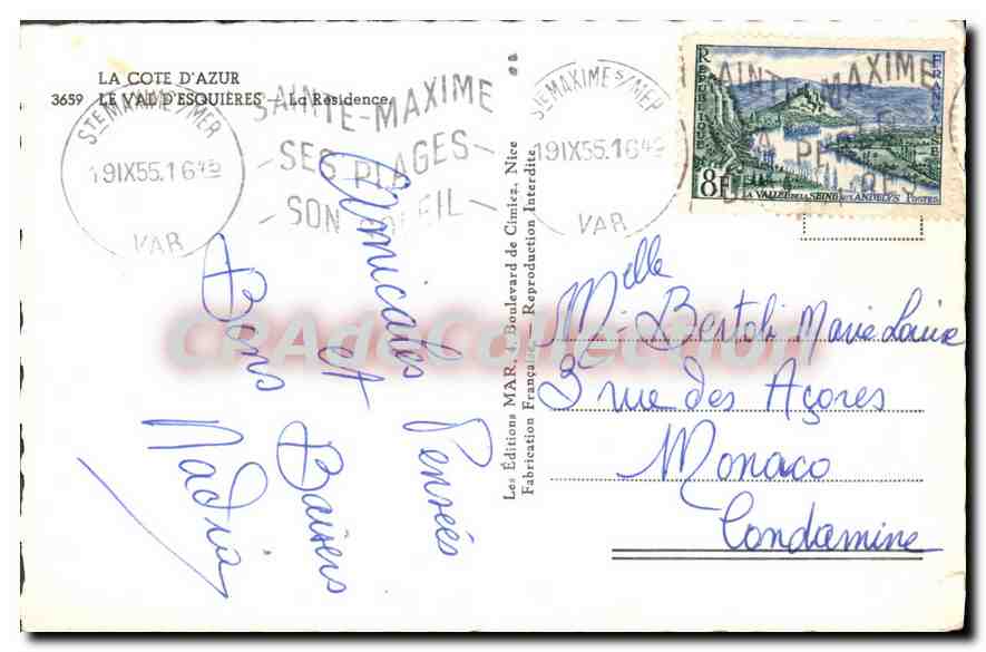 CPA La Cote d'Azur Le Val d'Esquieres La Residence  — Verso