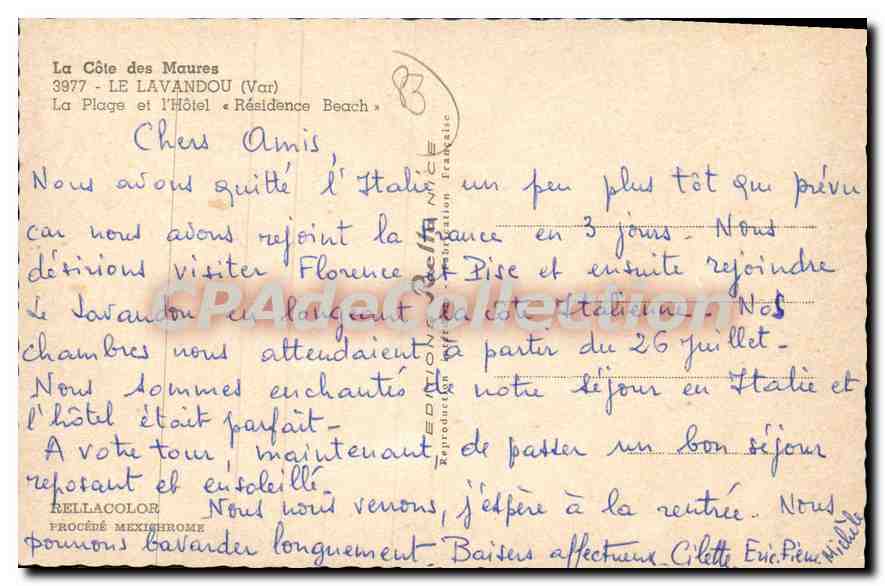 La Côte des Maures — Le Lavandou (Var) — La Plage et l'Hôtel « Résidence Beach » — Édition française — Verso