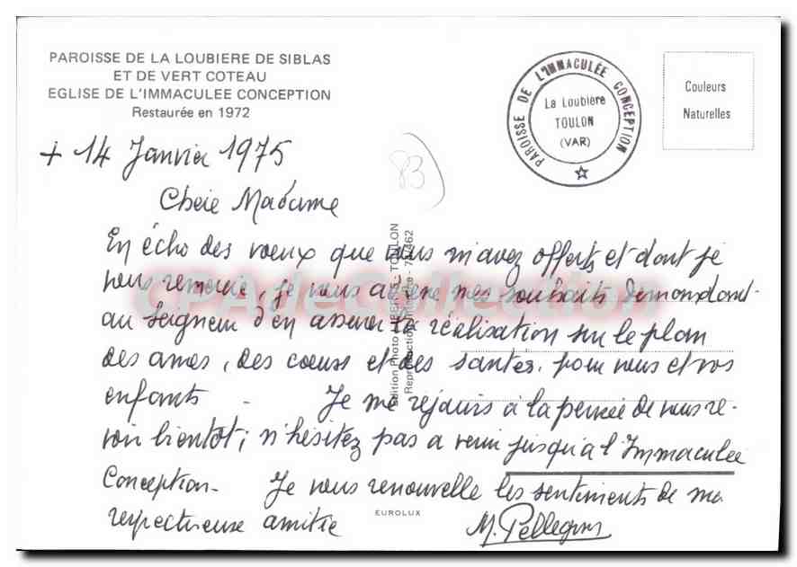 CPSM Paroise de la Loubiere de Siblas et de vert Coteau eglise de l'immaculee conception  — Verso