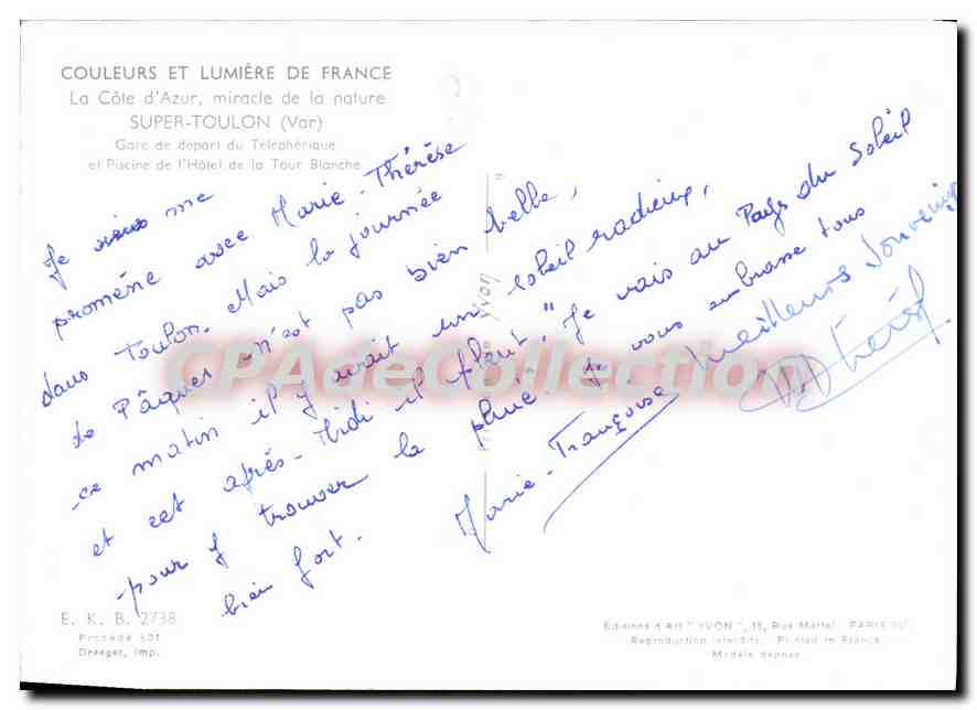 La Côte d'Azur — Super-Toulon (Var) — Éd. A. Art, Paris — Verso