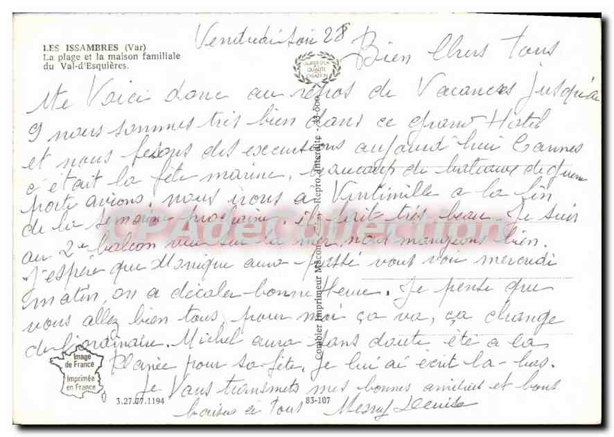 CPSM Les Issambres Var La plage et la maison famillale du Val d'Esquieres  — Rückseite