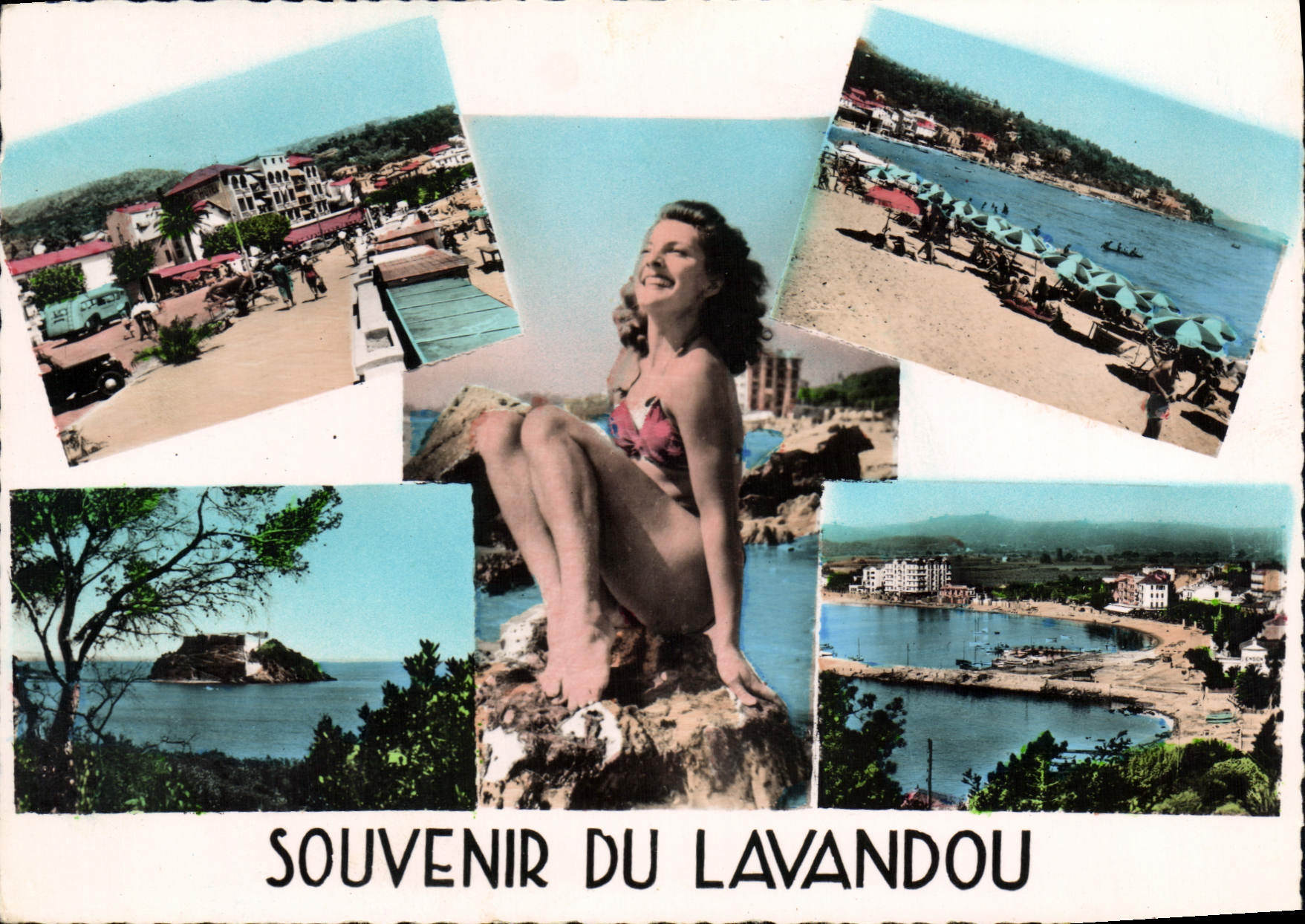 Souvenir du Lavandou — collage de paysages et femme en maillot — Éditions MAR, Nice - Recto