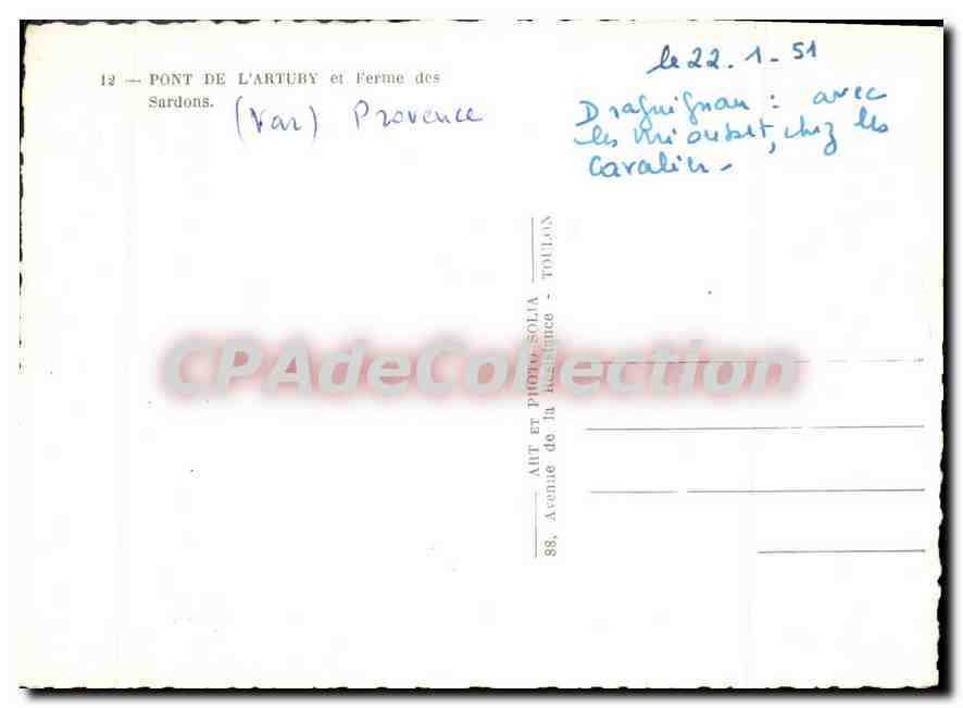 CPSM Pont de L'Artuby et Ferme des Sardons  — Verso