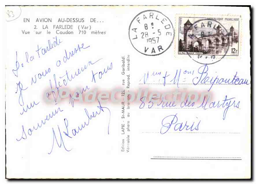 Vue aérienne du Coudon — La Farlède (Var) — Édition Lapie — Verso