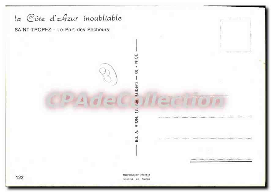 Saint-Tropez - Le Port des Pêcheurs — H. Barry — Édition A. Rion, 18, rue Ralberti, Nice — Verso