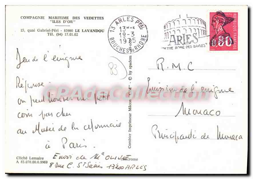 Bateau de la Compagnie Maritime des Vedettes — Îles d'Or — Arles, 1935 — Reverso