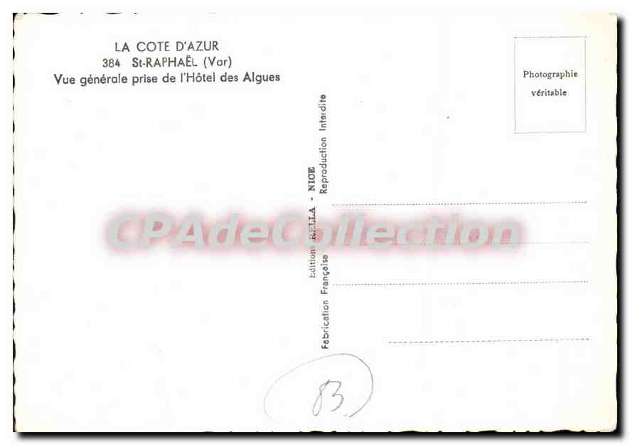 St-Raphaël (Var) — Vue générale de l'Hôtel des Algues — Édition Rella, n°384 — Verso