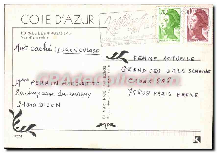 Bormes-les-Mimosas — vue d'ensemble — Ed. MAR-INTER, n° 13994 — Verso