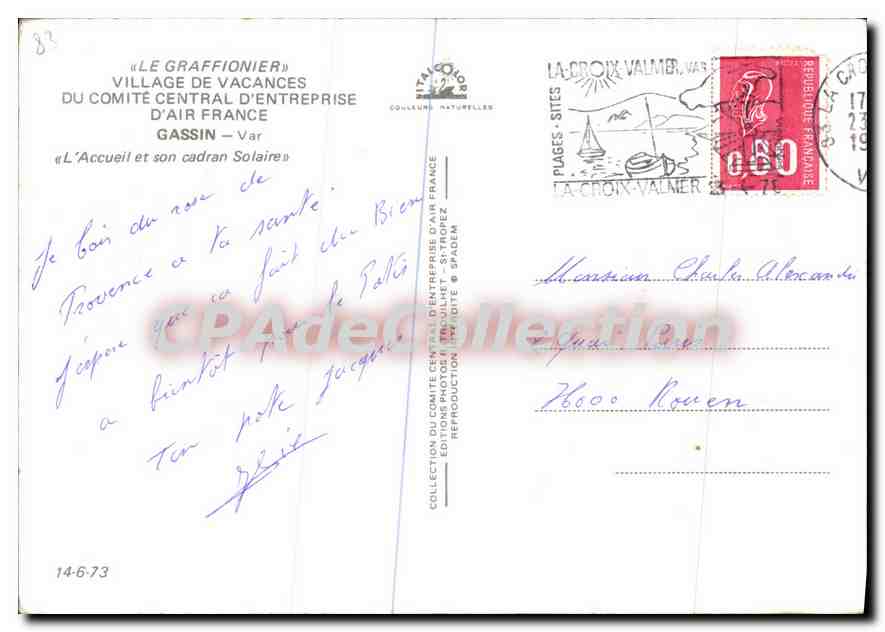 La Bastide — Gassin — Éditeur : Collection du Comité Central d'Entreprise d'Air France — Verso