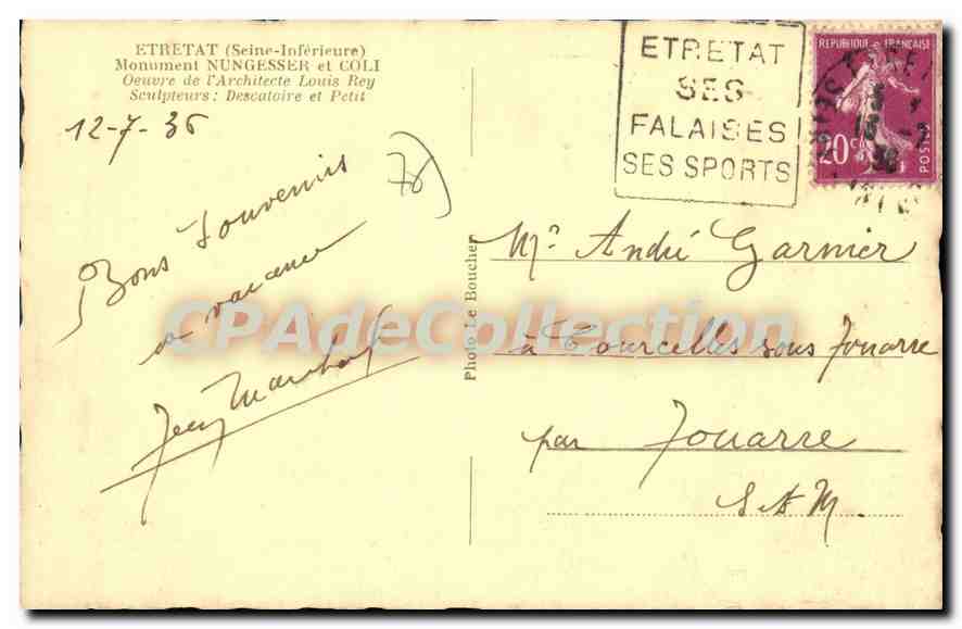 CPA Etretat Seine Inf Monument Nungesser et Coli  — Rückseite