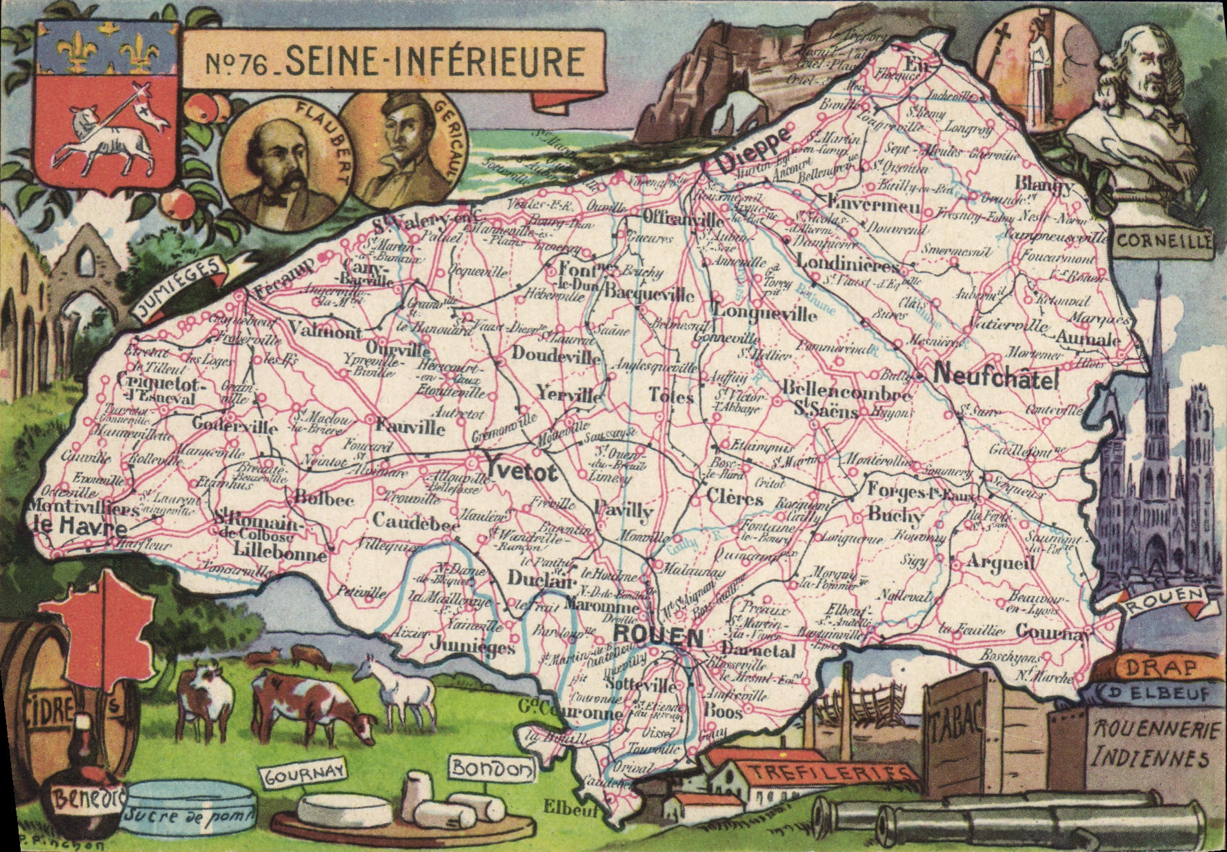 CPSM Seine Inferieure carte touristique Rouennerie indiennes Gourmay Bondon Flaubert Gericaul Trefil