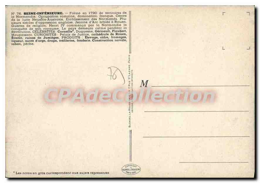 CPSM Seine Inferieure carte touristique Rouennerie indiennes Gourmay Bondon Flaubert Gericaul Trefil — Rückseite