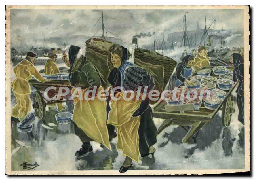 CPSM En Parcourant le Littoral Hottieres Dieppoises partant pour la Poissonnerie aquarelle Charles H