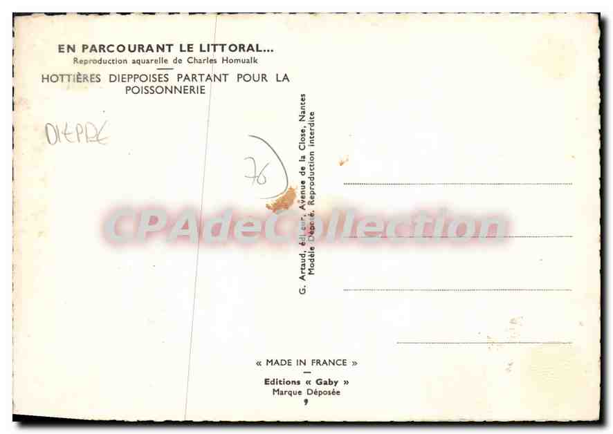 CPSM En Parcourant le Littoral Hottieres Dieppoises partant pour la Poissonnerie aquarelle Charles H — Verso