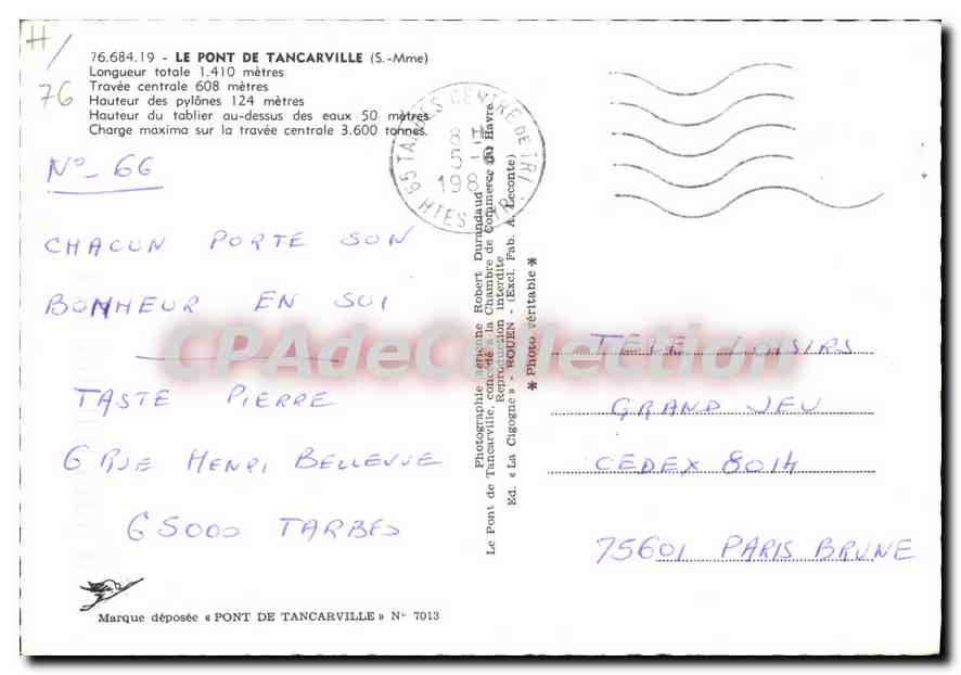 Pont de Tancarville — Luftbild — La Cigogne, Nr. 7013 — Rückseite