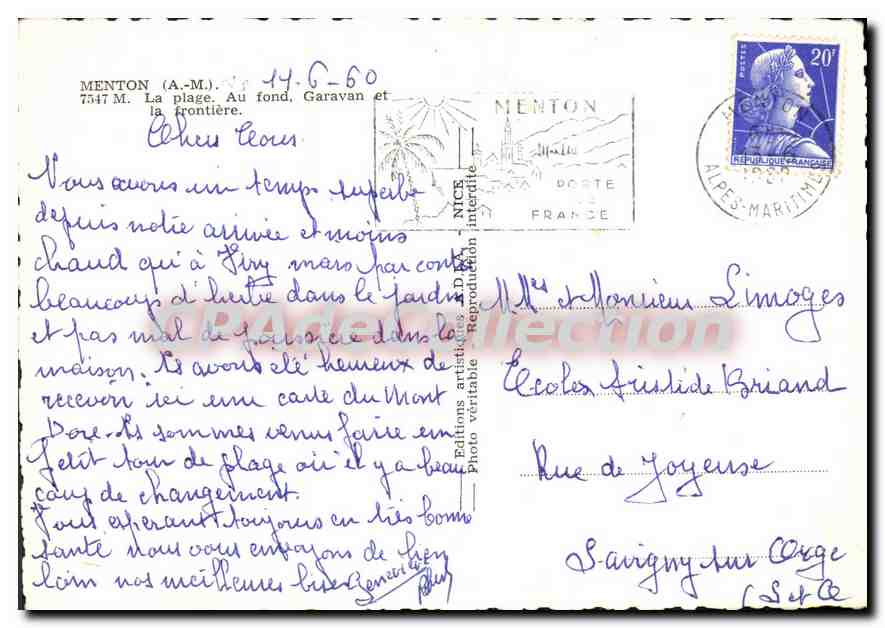 Plage de Menton — vue sur Garavan et la frontière — Éditions artistiques NICE — Verso