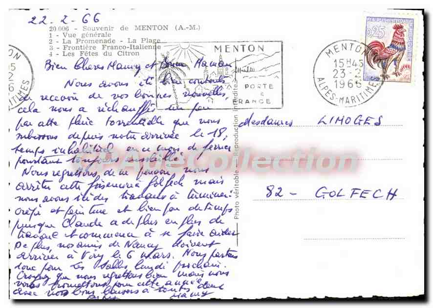 Menton — vue générale, plage, promenade, frontière franco-italienne, fêtes du citron — éditeur inconnu, n° de série 20 006 — Verso