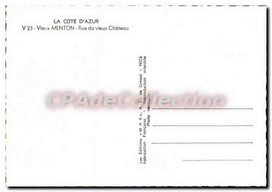 Vieux Menton — Rue du Vieux Château — Les Éditions de la Côte d'Azur, n° V 23 — Reverso