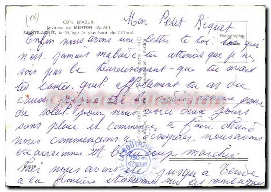CPA Cote d'Azur Menton A M Sainte Agnes le Village le plus haut du Littoral  — Verso