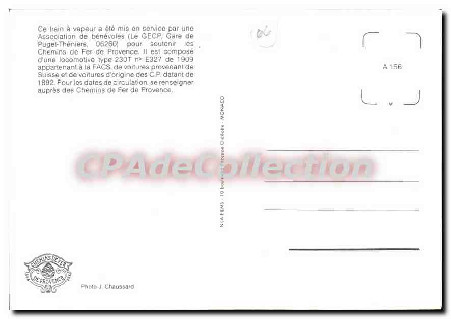 CPA Chemins de fer de Provence Le train a vapeur dans la foret de Barreme locomotive type 230T E327 — Verso