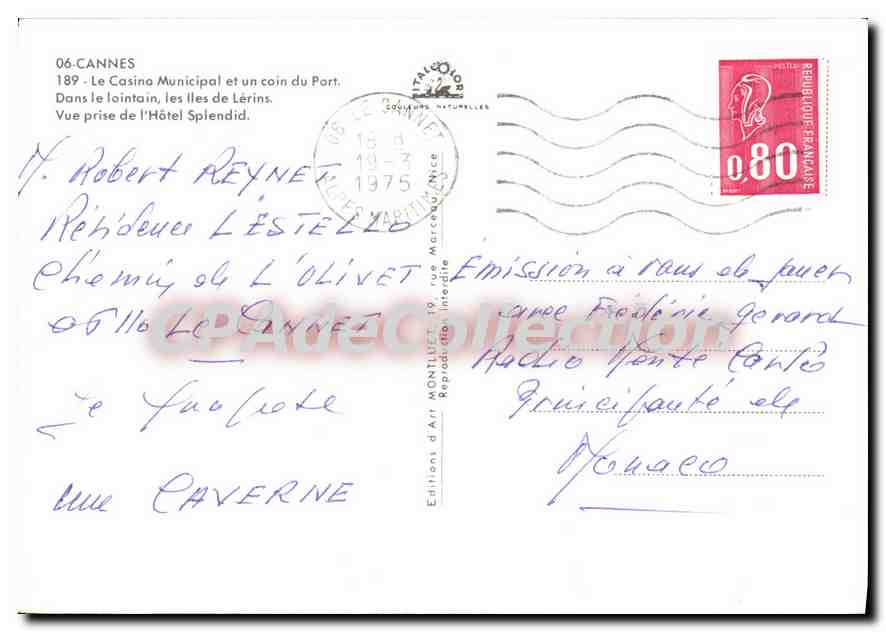 CPA Cannes Le Casino Municipal et un coin du Port Vue prise de l'Hotel Splendid  — Rückseite