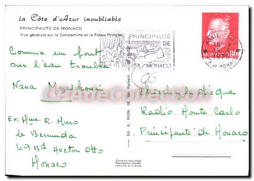 Vue générale de Monaco — Condamine et Palais Princier — Édition Ed. A. Rion — Verso