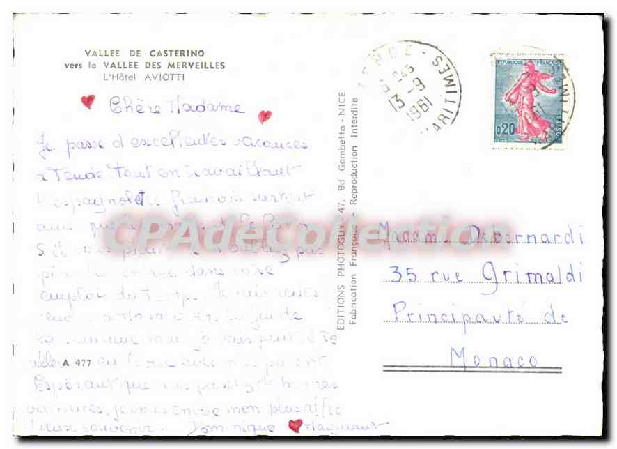 CPA Vallee de Casterino vers la Vallee des Merveilles l'Hotel Aviotti  — Verso