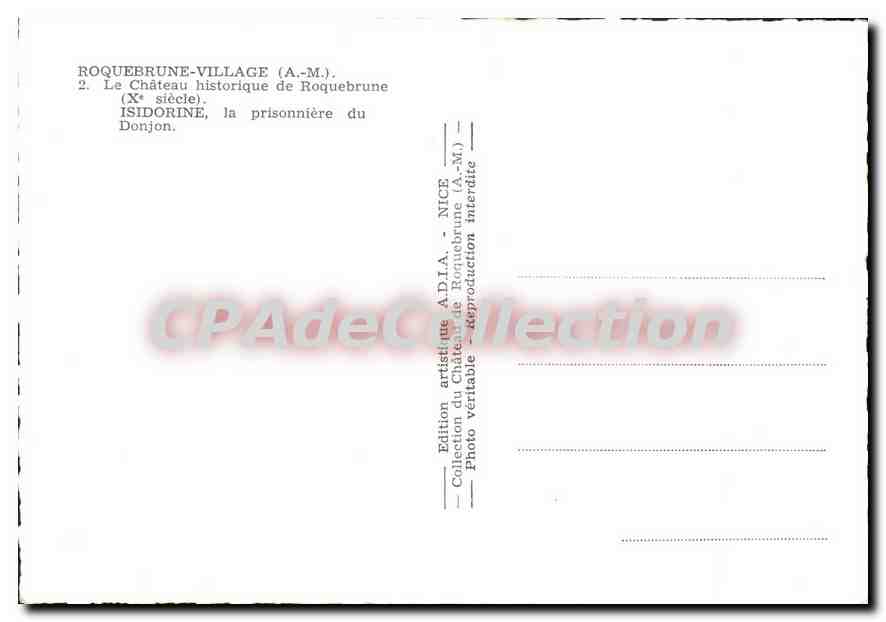 Roquebrune-Village — Château historique, prisonnière du Donjon — Édition artistique ADIA, Nice — Verso
