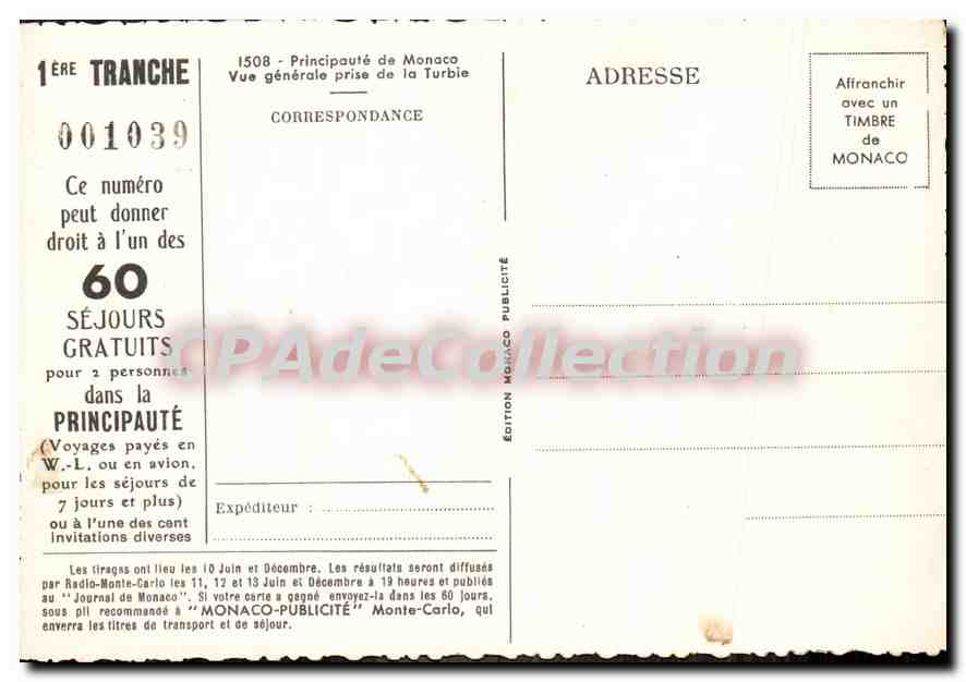 Vue générale prise de la Turbie — Principauté de Monaco — Édition Monaco Publicité, n° 001039 — Verso