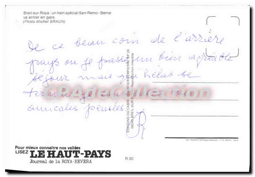 CPSM Breil sur Roya un train special San Remo Berne va enter en gare  — Rückseite