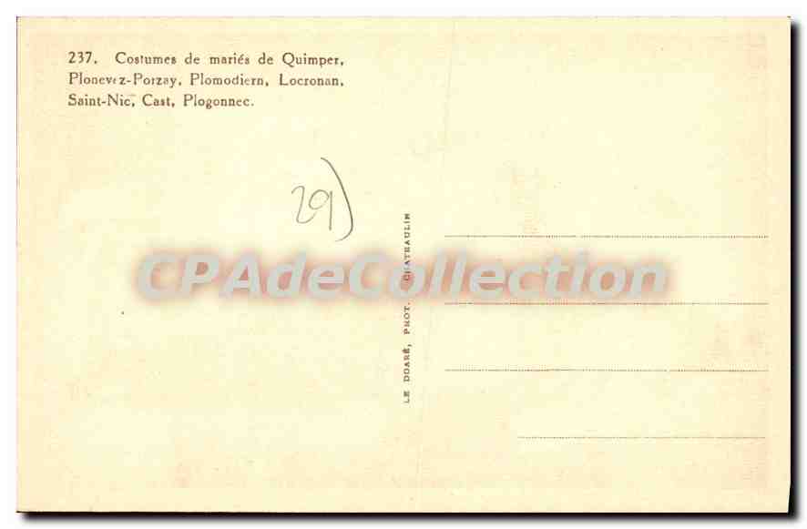 CPA Costumes de maries de Quimper Plonecez-Porzay Plomodiern Locronan Saint-Nic Cast Plogonnec — Rückseite