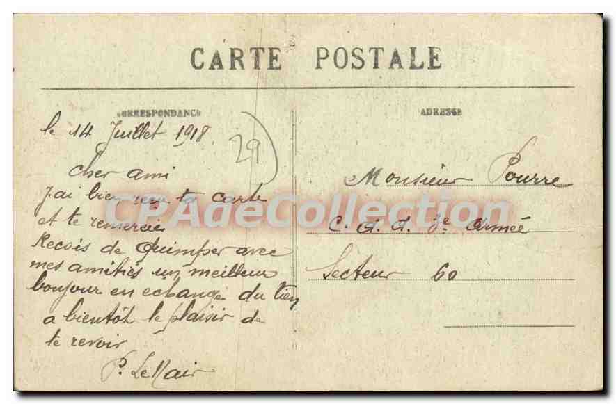 CPA Quimper le boulevard de l'Odet les postes et Telegraphes  — Rückseite