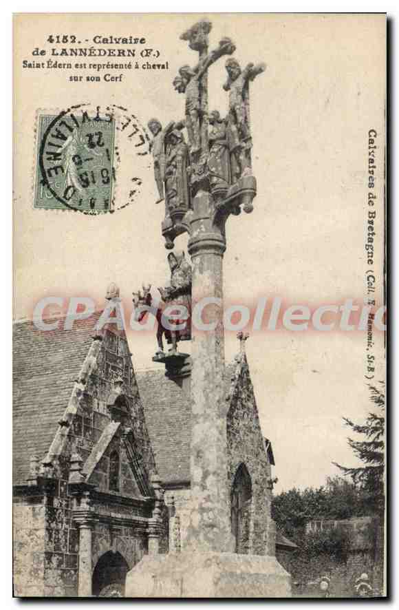 CPA calvaire de Lannedern F Saint Edern est represente à cheval sur son Cerf 