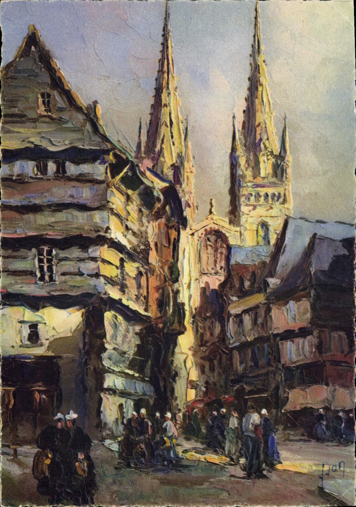 CPSM Quimper Finistere Cathedrale et rue Kereon 