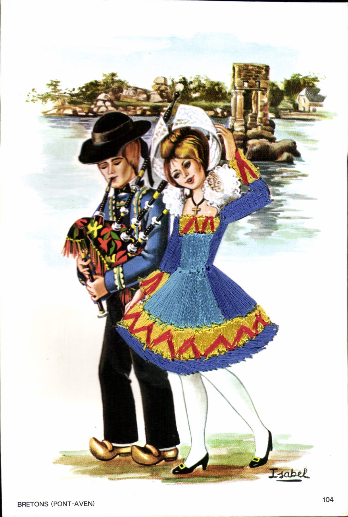CPSM Bretons Pont Aven carte en fils